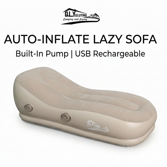 Inflatable lazy sofa with built-in pump and USB rechargeability on a white background
