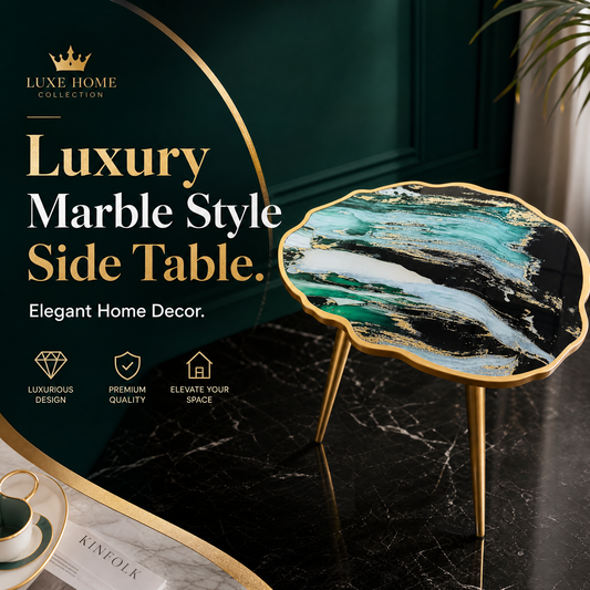 Luxe Marble-Style Scalloped Side Table 62cm Gold Legs