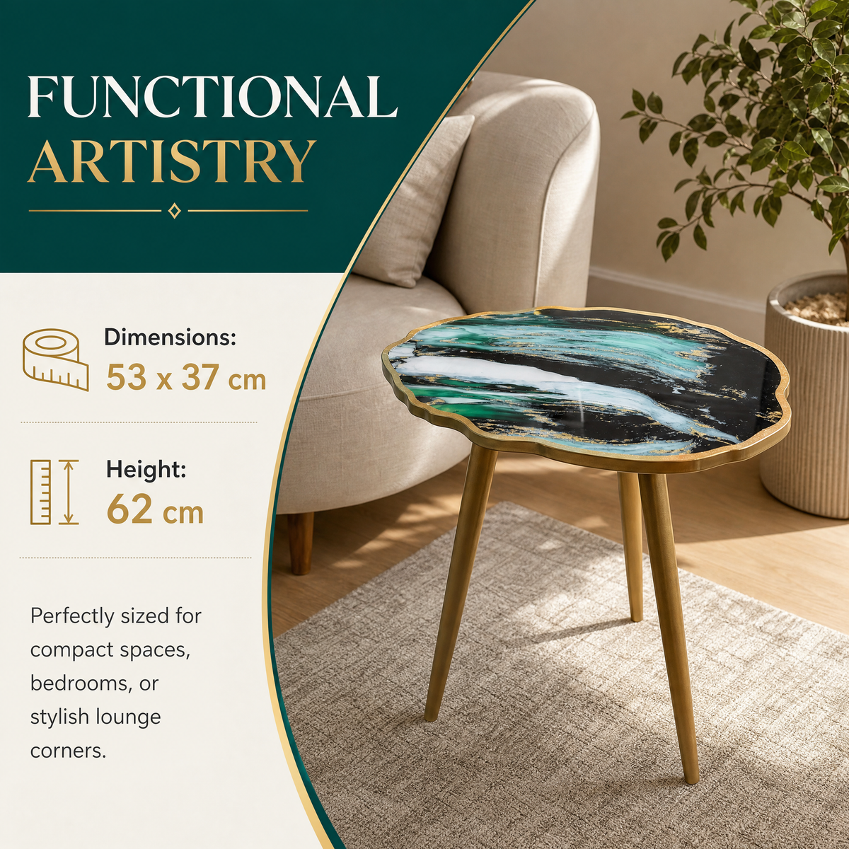 Luxe Marble-Style Scalloped Side Table 62cm Gold Legs